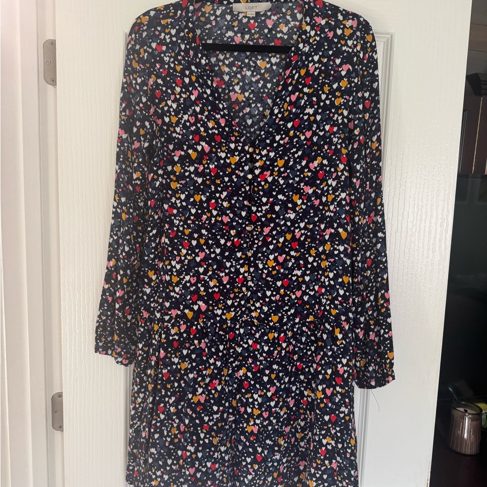 LOFT Navy Heart-Print Long Sleeve V-Neck Dress